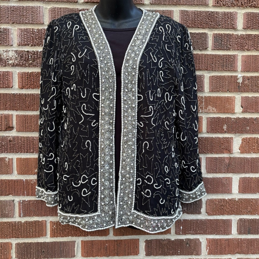 Laurence Kazar Jacket Silk Beaded Short Sleeve Open Front Sz PS Vintage